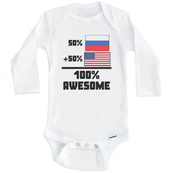 50% Russian 50% American 100% Awesome Funny Flag One Piece Baby Bodysuit (Long Sleeve), 0-3 Months White