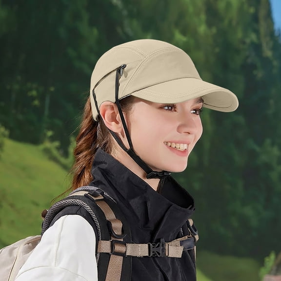 Women's Summer Sun Hat, Breathable Baseball Cap with Hidden Windproof Chin Strap, Lightweight Outdoor Sports Hat for Hiking, Riding, Running, and Beach - Beige