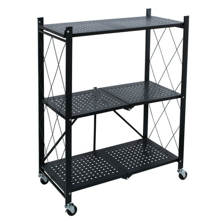 Organize It All 3 Shelf Foldable Metal Storage Shelves, Wheels, Adult, Kitchen, Laundry Room, Black