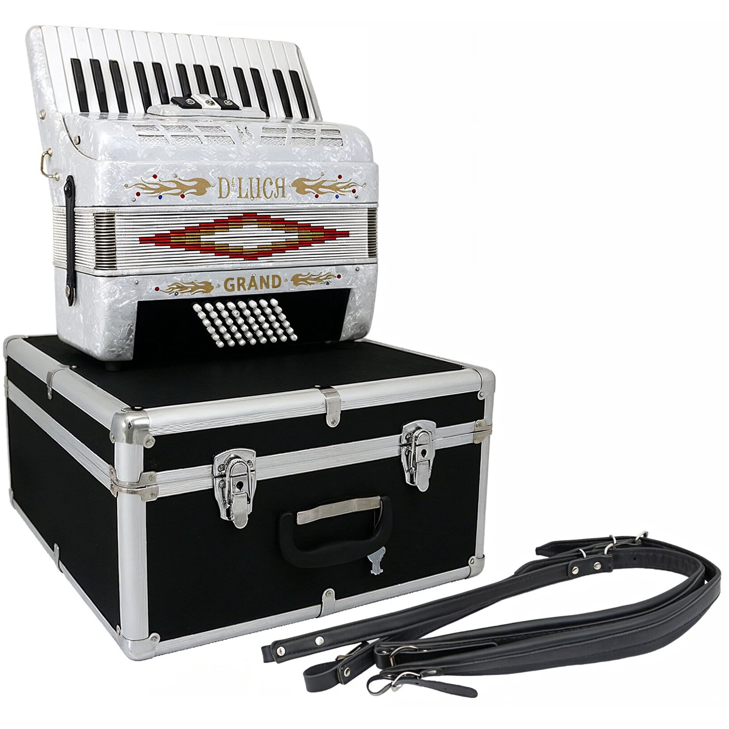 D'Luca Grand Piano Accordion 3 Switches 30 Keys 48 Bass with Case and Straps, White