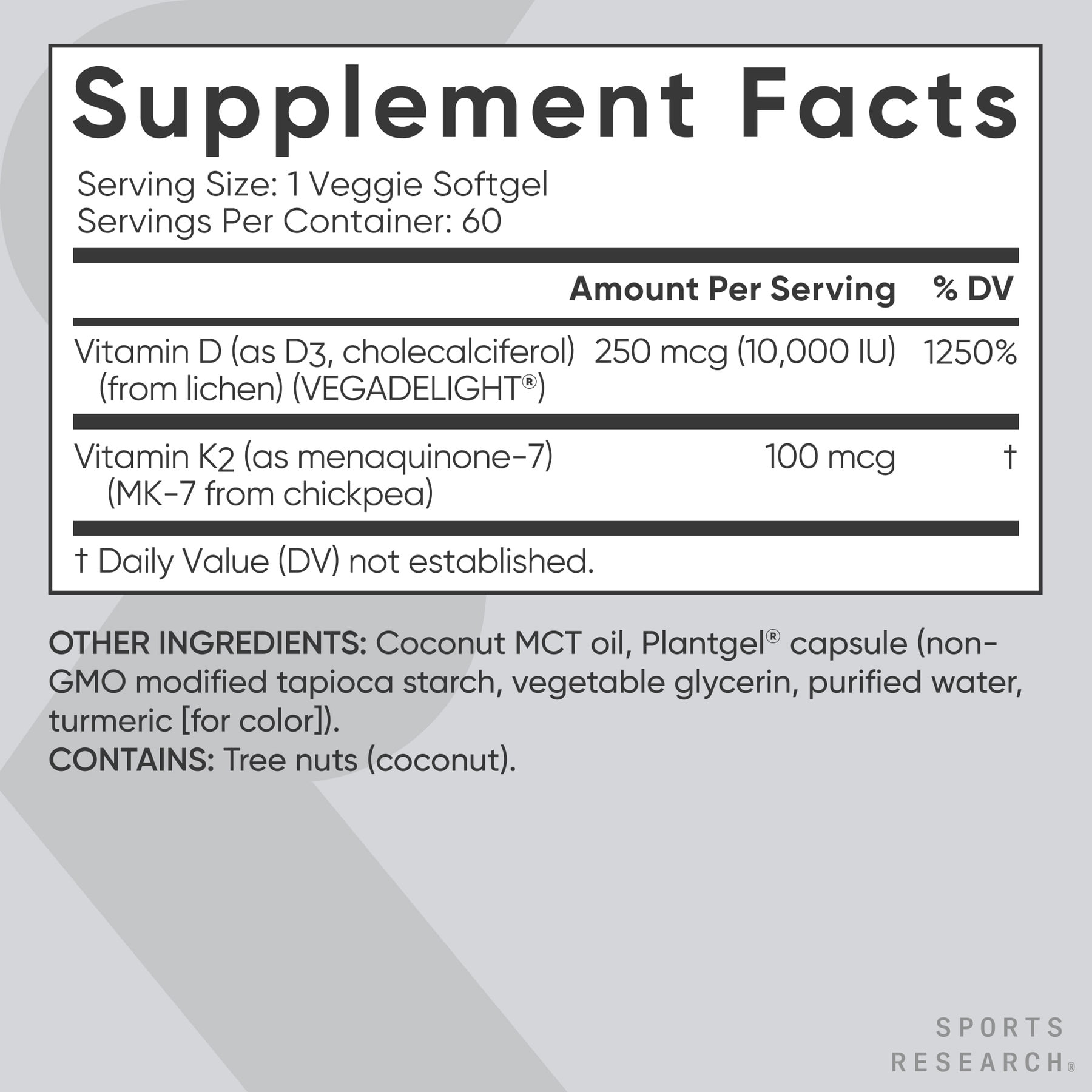Sports Research® SR Vegan D3 10,000iu Vitamin K2 100mg Vegan Certified Soy Gluten Free (60 Veggie Softgels)