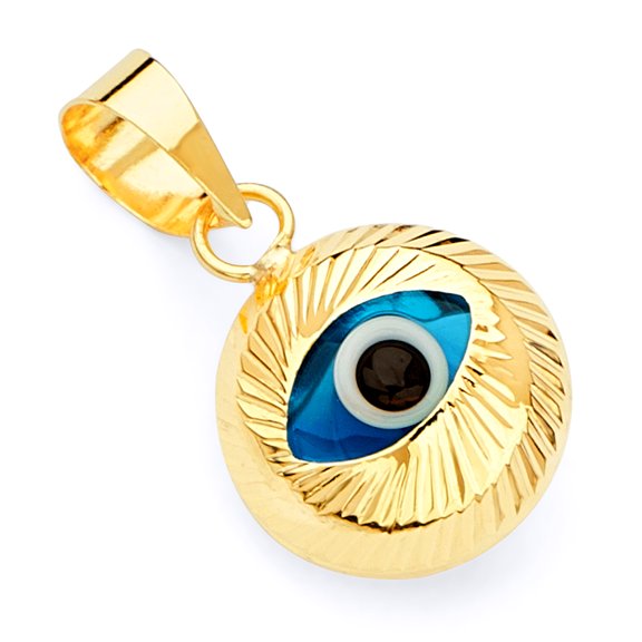 Wellingsale 14K Yellow Gold Polished Diamond Cut Evil Eye Fluted Charm Pendant