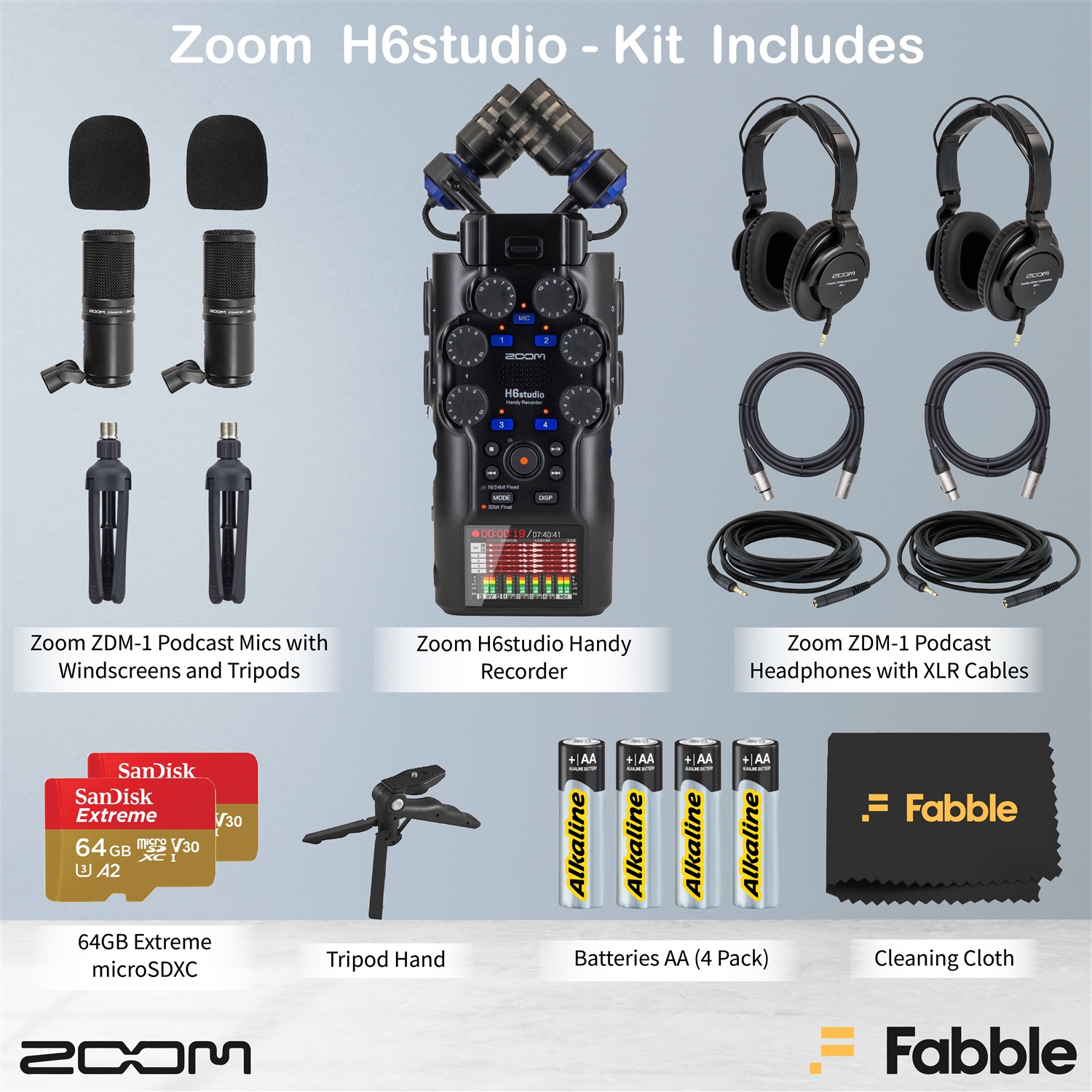 Zoom H6studio Handy Recorder Bundle with 2× ZDM-1 Podcast Mic Packs, Headphones, Tabletop Stands, XLR Cables, Windscreens, Memory Cards, Batteries, and Accessories