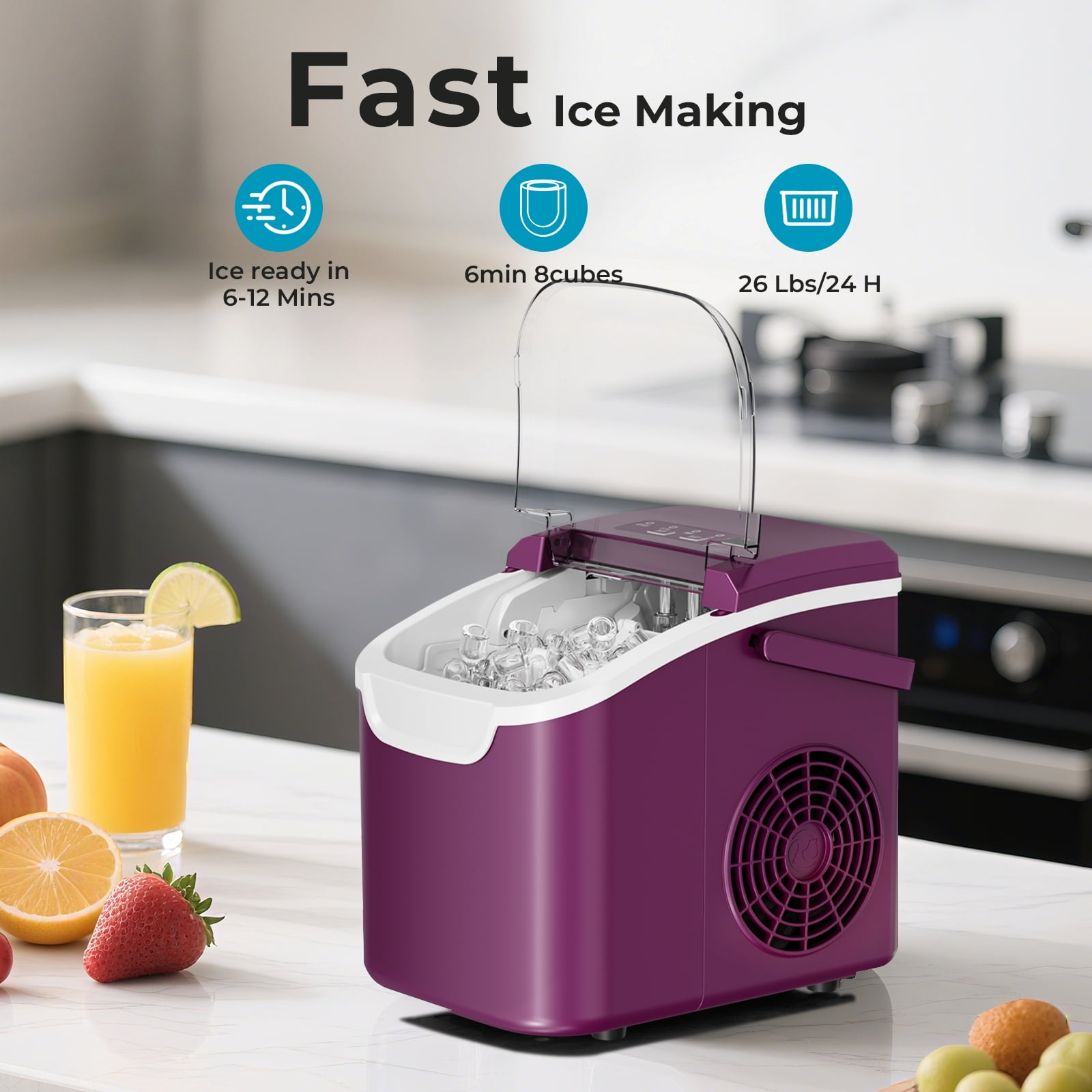 WAA Countertop Ice Makers, 26.5Lbs/Day, Quiet Portable Mini Ice Machine, Purple