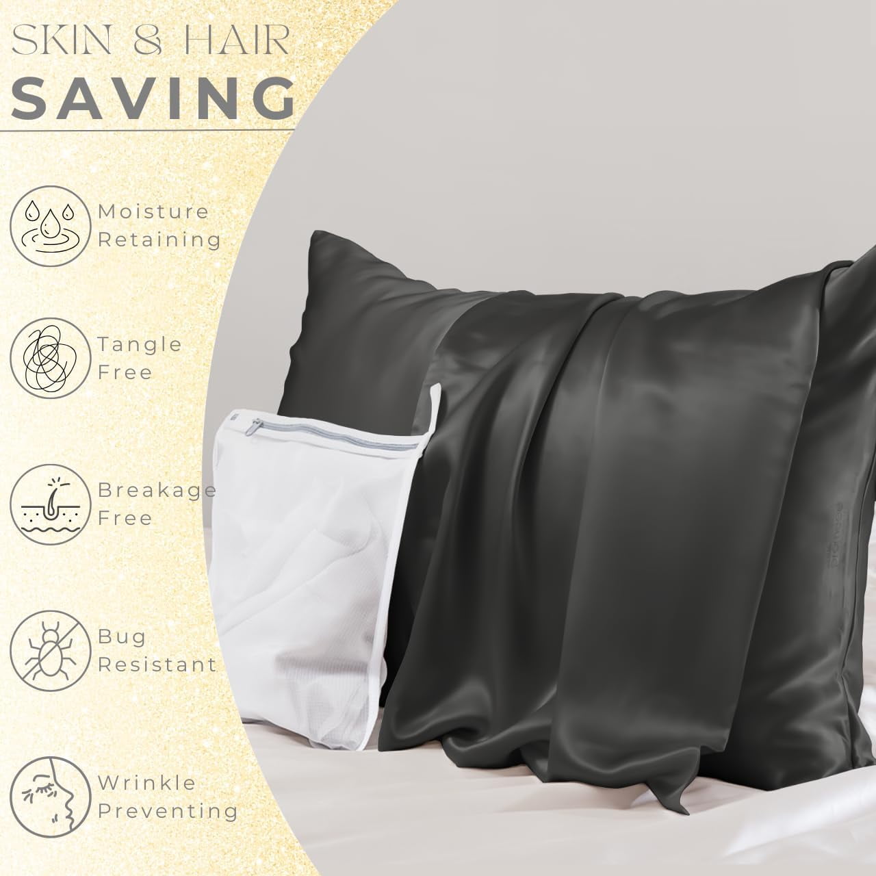 PROMEED 23 Momme Silk Pillowcase 2 Pack with Zipper, 3rd Gen Grade 6A+ 100% Mulberry Silk Pillow Case Set of 2, Cooling Pillow Cases for Hot Sleepers (Standard 20"x26", Black)