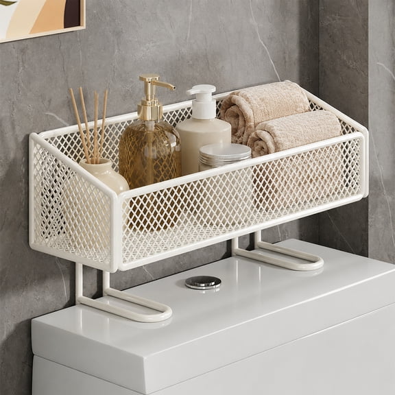 No-Drill Toilet Shelf, Over-The-Toilet Storage Rack, Open Mesh Bathroom Organizer, White or Black Iron, 13.78×9.84×5.12 in, 1-Piece
