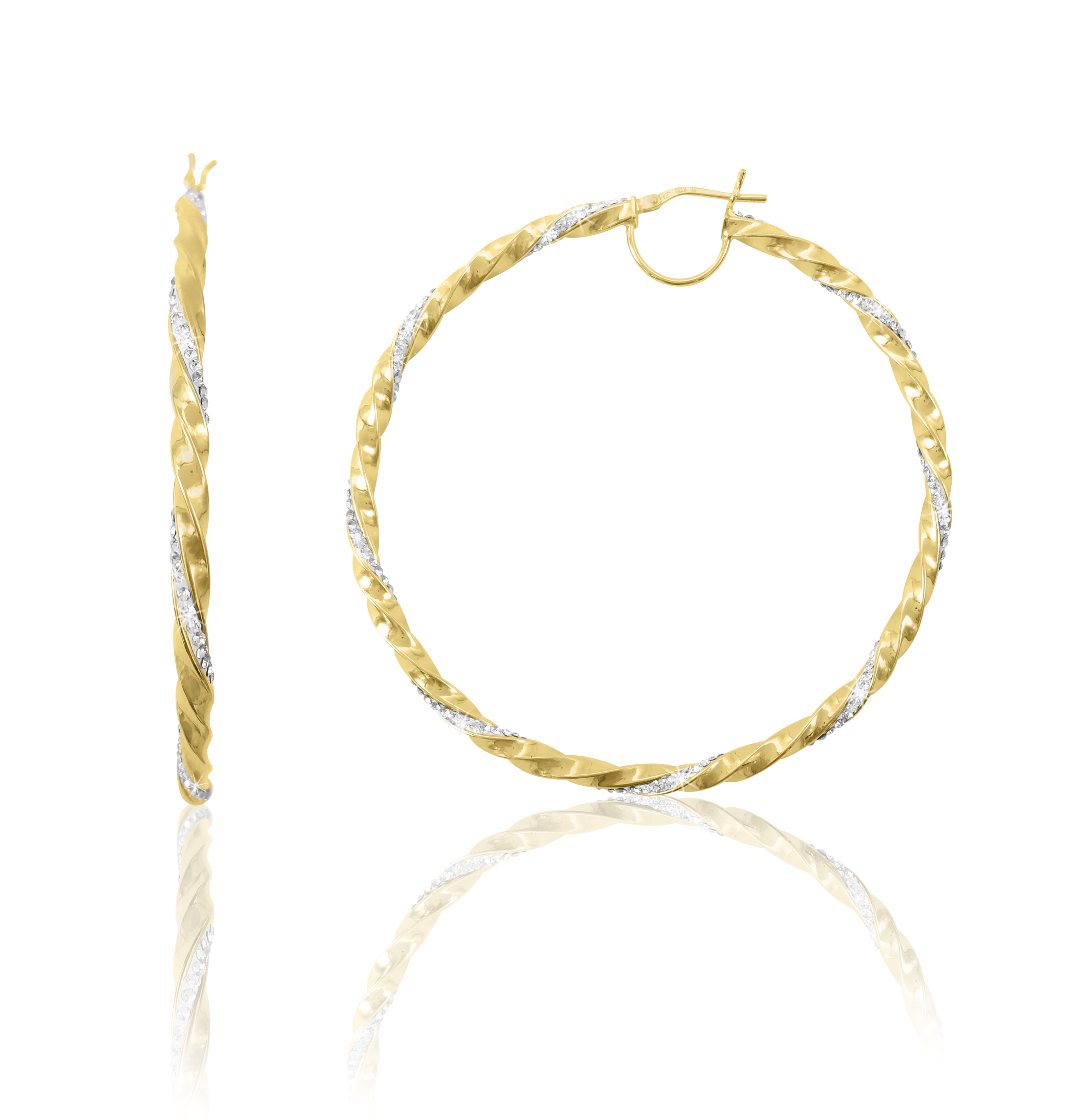 Brilliance Fine Jewelry 14K Gold Plated Sterling Silver Twisted Crystal Round Large Hoop Adults Women's Earring