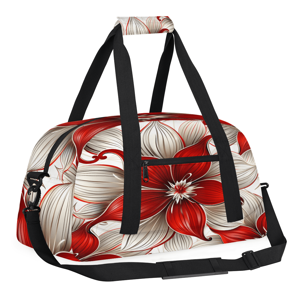 Herdesigns Red Floral Sports Duffle Bag for Women & Men, Modern Flowers Gym Bag Dance Bag Overnight Bag Carry On Weekender Travel Bag