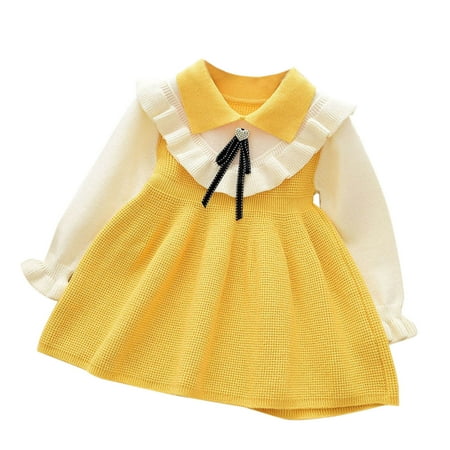 

ZHUASHUM Babys Kids Toddlers Girls Patchwork Bow Tie Spring Winter Long Sleeve Ruffled Knit Sweater Princess Dress Clothes