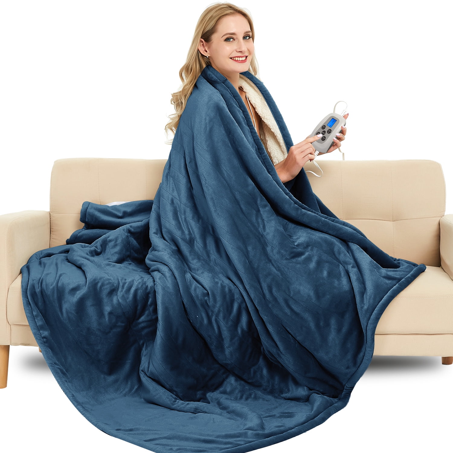 Queen Electric Blanket, Navy Heated Throw with 10 Heat Settings/Safety 10 Hours Auto-Off Dual Controllers (84x90'')