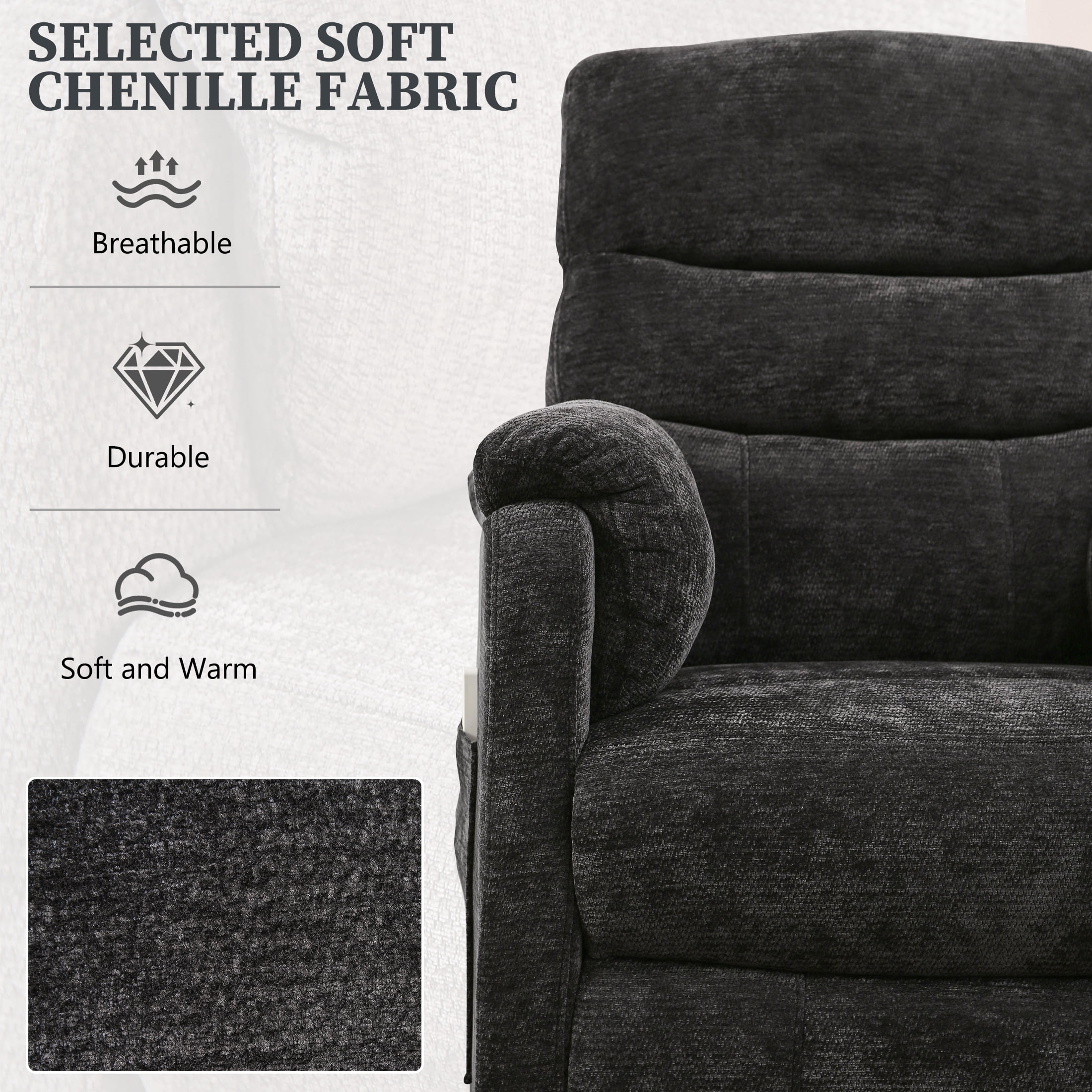 Electric Power Recliner Chair, Modern Chenille Fabric Recliner with Side Pocket & Remote, Nursery Recliner Chair for Living Room Small Space, Black