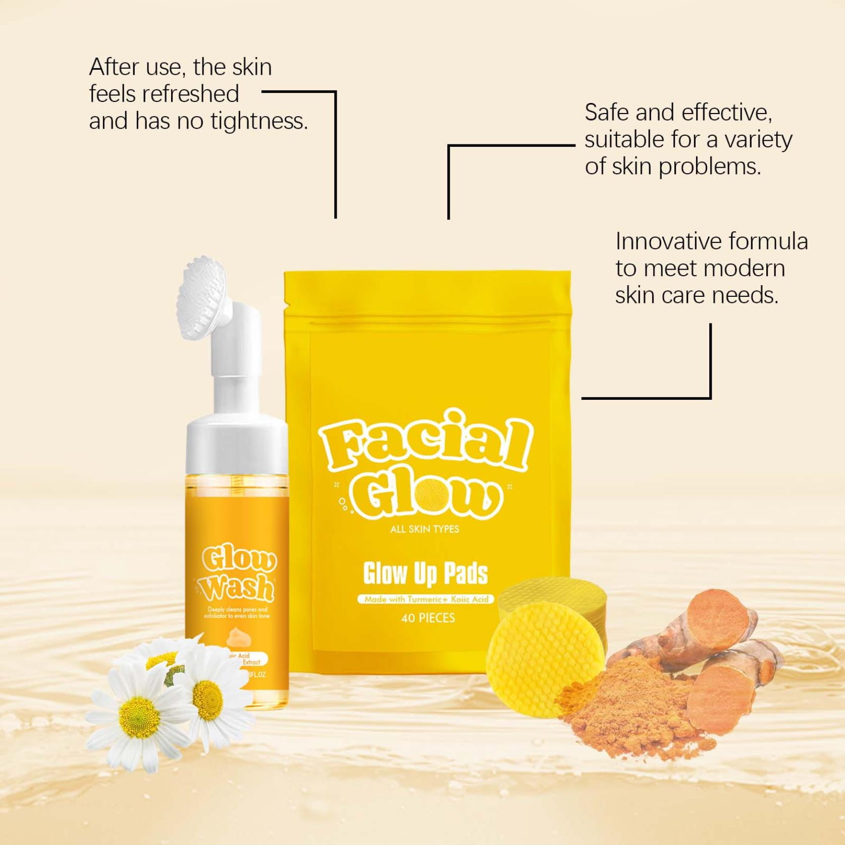 Sugar Baby Turmeric Kojic Pads,Facial Glow+Glow Wash Set Glow Up Pads - Turmeric & Kojic Acid Pads,Kojic Acid and Turmeric Cleansing Pads(4set 5.07FL.OZ/150ML+1 Bag/40 Pieces)from Biweutydys