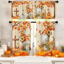 Mloabuc Fall Kitchen Window Curtains and Valances Set 36 Inch, Orange Gnome Pumpkins Maple Leaves Vintage Short Tier Curtain for Cafe Living Room Bathroom, Autumn 3 Pieces Set Kitchen Decor