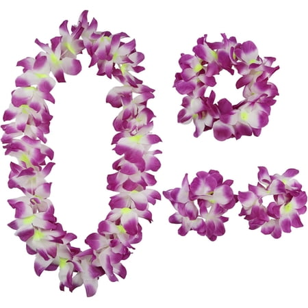 Hawaiian Leis Set,Hawaiian Luau Flower Leis Necklace Headband Bracelets Set,Essential Party Decorations for Birthday, Graduation, and Wedding Celebrations (Purple)