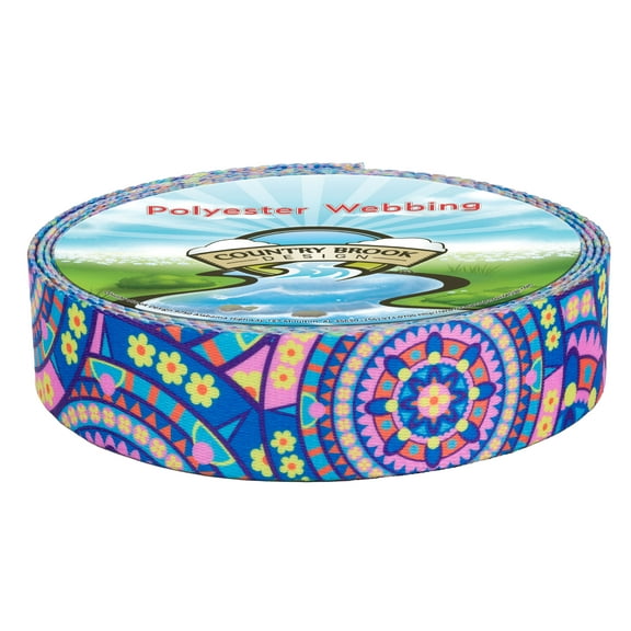 Country Brook Design® 1 Inch Blue Boho Mandala Polyester Webbing, 50 Yards