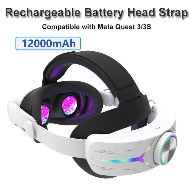 Serre-tête à Batterie Rechargeable 12000mah Compatible avec Meta Quest 3/3S, Accessoire VR pour Bandeau avec Lumière RVB - Noir et Blanc
