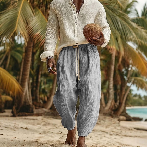 sageysalite Mens Cotton Linen Pants Loose Drawstring Elastic Waist Casual Lightweight Wicking Beach Vacation Joggers Pants