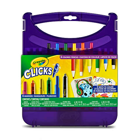 Crayola Clicks Art Set for Kids, Retractable No-Dry Tips, Travel Activity Kit with Washable Markers, Pencils, Refills & Paper, Gift for Kids, Ages 4