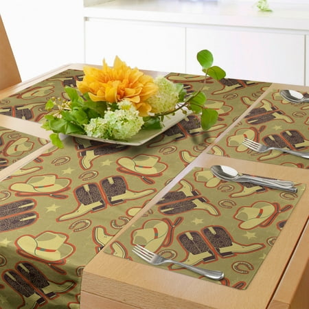 

Western Table Runner & Placemats Vintage Hat Boots Horse Shoes Retro Western Culture Worn Backdrop Set for Dining Table Decor Placemat 4 pcs + Runner 14 x90 Khaki Dark Brown Scarlet by Ambesonne
