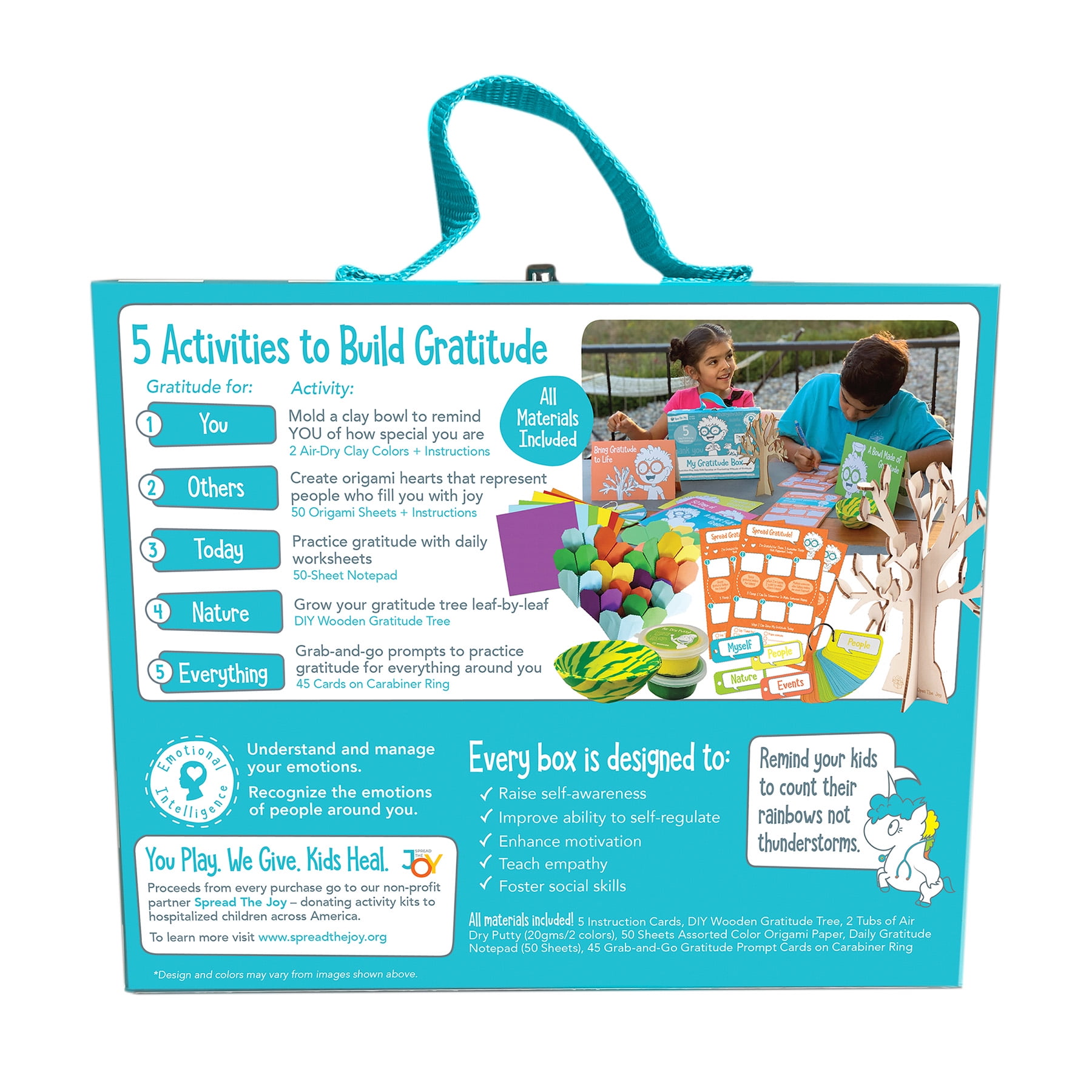 Open The Joy My Gratitude Box, Activity Box Includes A Wooden Building Project, Clay Bowl Project, Origami Projects, Notepad for Journaling, and Gratitude Cards - Ages 4+