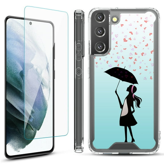 Shockproof Bumper Phone Case for Samsung Galaxy S22  / S22 Plus 5G, with Tempered Glass Screen Protector, by OneToughShield ® - Rain/Hearts