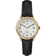 Timex Women's Easy Reader 25mm Watch – Gold-Tone Case White Dial with Black Leather Strap