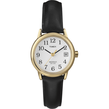 Timex Women's Easy Reader 25mm Watch – Gold-Tone Case White Dial with Black Leather Strap
