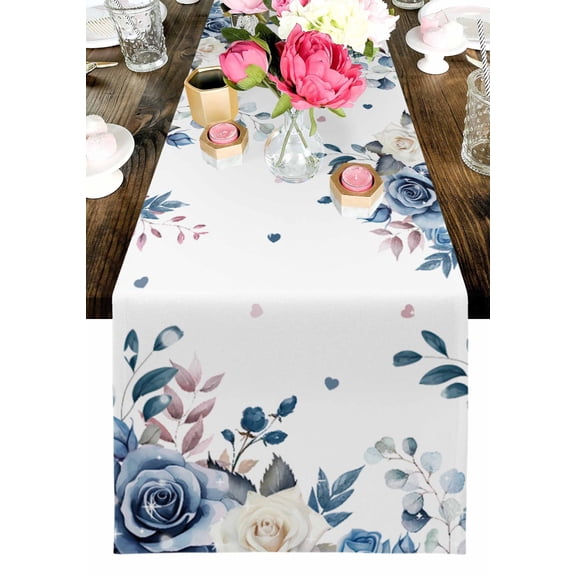 Valentine's Day Table Runner, Blue Roses Eucalyptus Leaves Love Heart Washable Cotton-linen Table Runners Dining Kitchen Decoration for Everyday Home Wedding Party Decor, 13 x 72 Inch