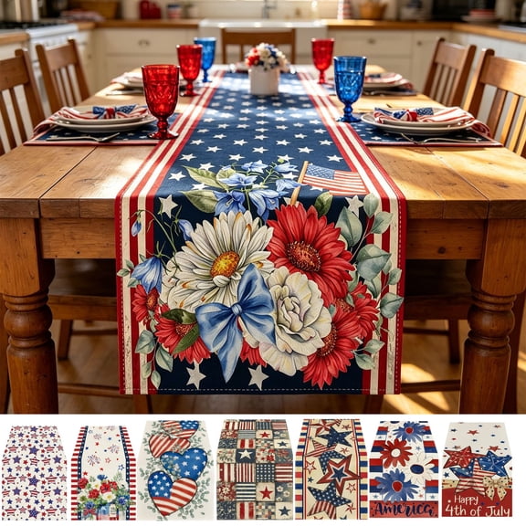 Beautynvta 4th of July Table Runner, Stars and Stripes Daisy Patriotic Table Runner, Memorial Day Linen Table Runner for Kitchen Dining Table Decor, 72x13 Inch
