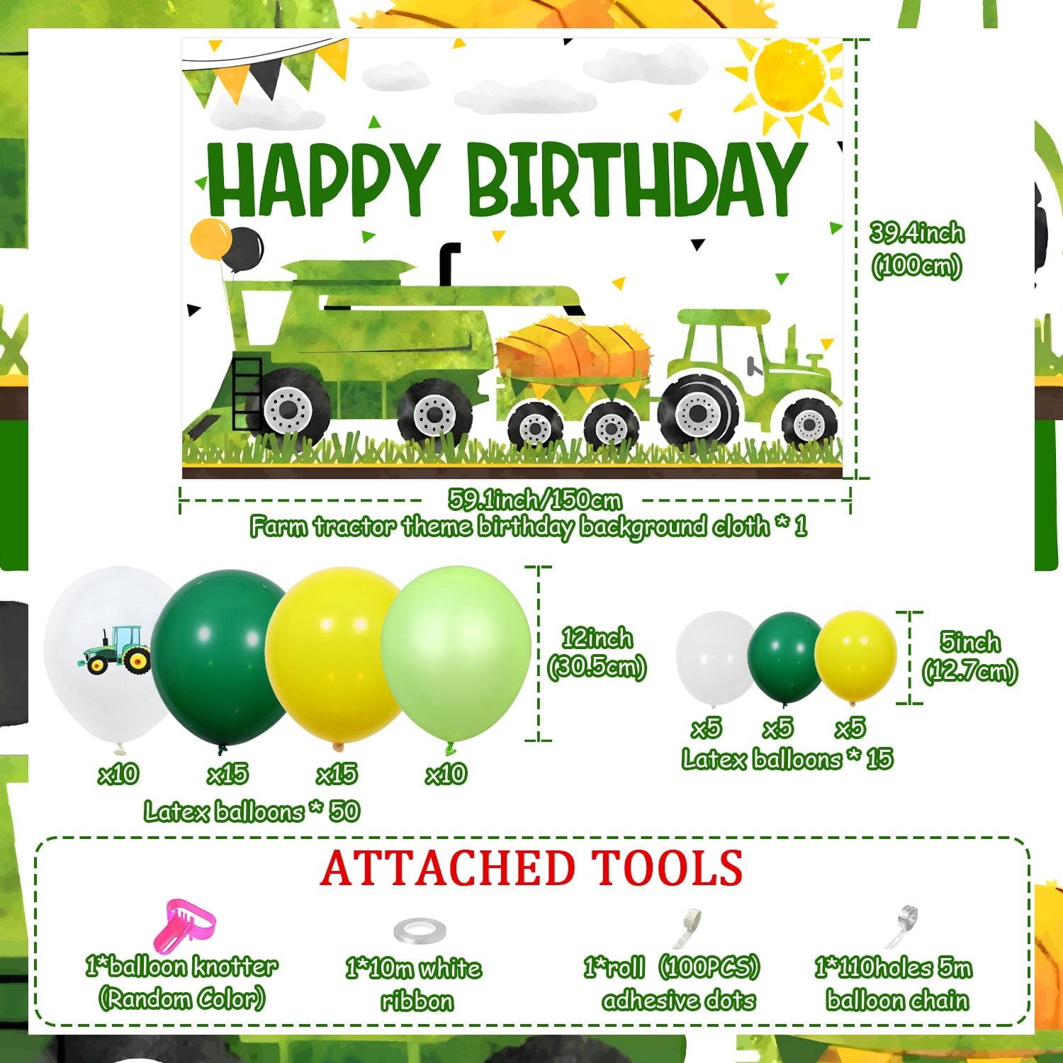 67Pcs Farm Tractor Theme Birthday Party Decorations Happy Birthday Photography Background Cloth Green Tractor Backdrop Foil Balloon Garland Arch Kit for Tractor Themed Kids Birthday Decor Supplies