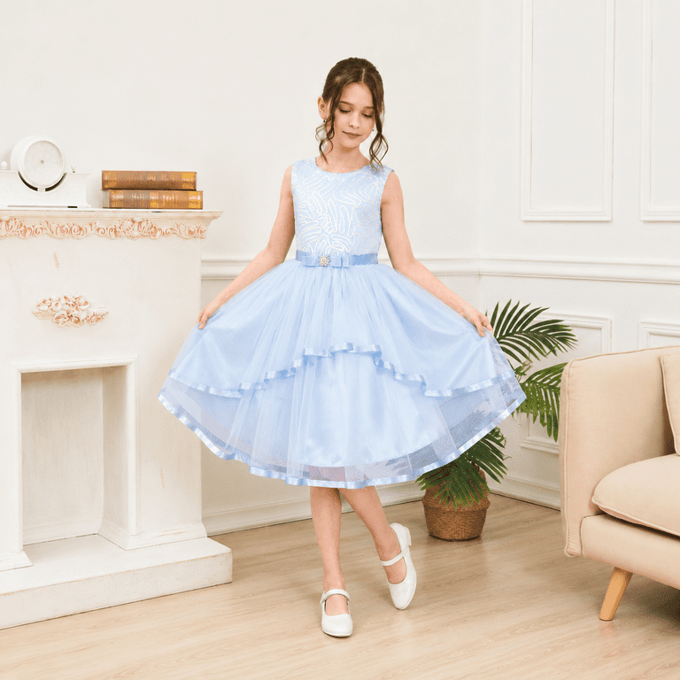 Sunny Fashion Flower Girls Dress Blue Belted Bridesmaid Wedding Party Dress 4, Girl's Sunny Fashion Flower Girls Dress Blue Belted Bridesmaid Wedding Party Dress 4, Girl's