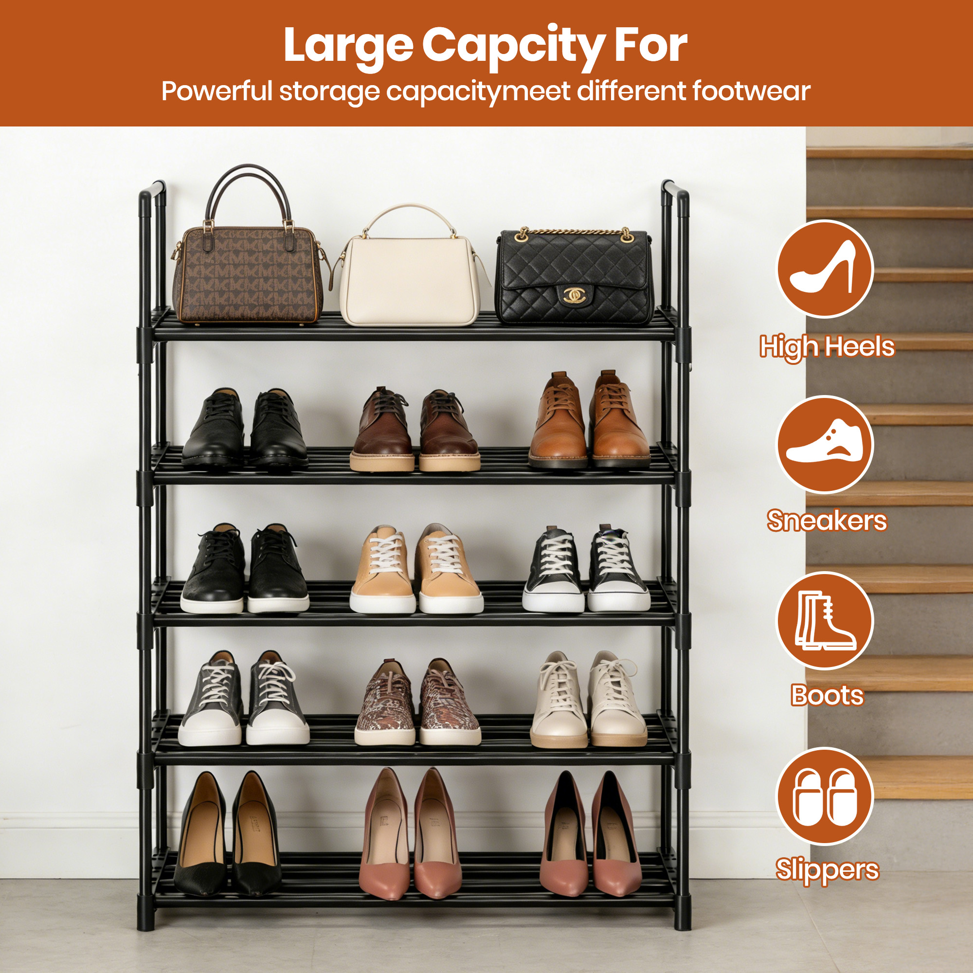 HadinEEon 5-Tier Shoe Rack with Hook, Black Metal photo 3