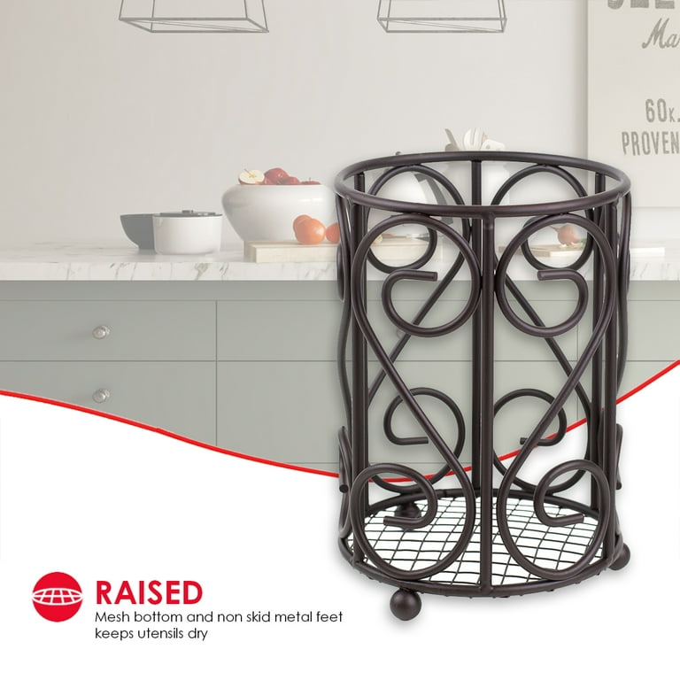 Scroll Collection Black Steel Cutlery Holder with Mesh Bottom and Non-Skid Feet Scroll Collection Black Steel Cutlery Holder with Mesh Bottom and Non-Skid Feet
