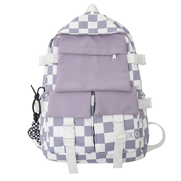 Mochila kawaii, mochila para estudiantes, mochila de gran capacidad, mochila para el campus con cuadros en blanco y negro, linda para niñas
