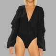 thumbnail image 2 of Penkiiy Long Sleeve Ruffle Top Bodysuit for Women V-Neck Cowl Back Shiny Glitter One-piece Top Bodysuits with Sheer Mesh Thong Black Shapewear Tummy Control, 2 of 5