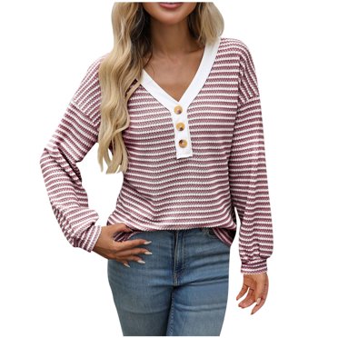 fheaev Chemises Henley à Manches Longues pour Femmes Chandail Col en V Automne/hiver Manches Longues Creusées Patchwork Blouses Amples Chemises pour Femmes Chandail