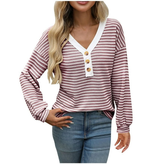 XuJwPNcy Womens Long Sleeve Shirts V-Neck Striped Slim Fit Tops with Button Casual Fashion Pullover Clothes Fall Outfits for Women（Wine,X-Large)