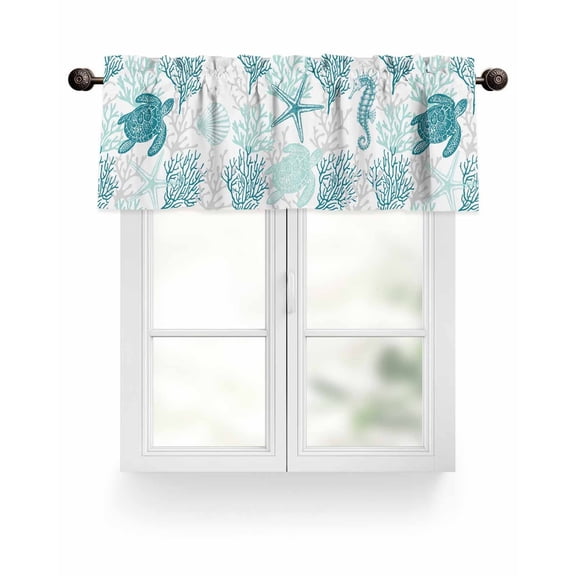 Turquoise Grey Coastal Beach Kitchen Valances for Windows Ocean Animals Pattern Valance Curtains for Kitchen /Living Room/Bedroom/ Bathroom Decor, 54"x18 " ,Rod Pocket 1 Panel,
