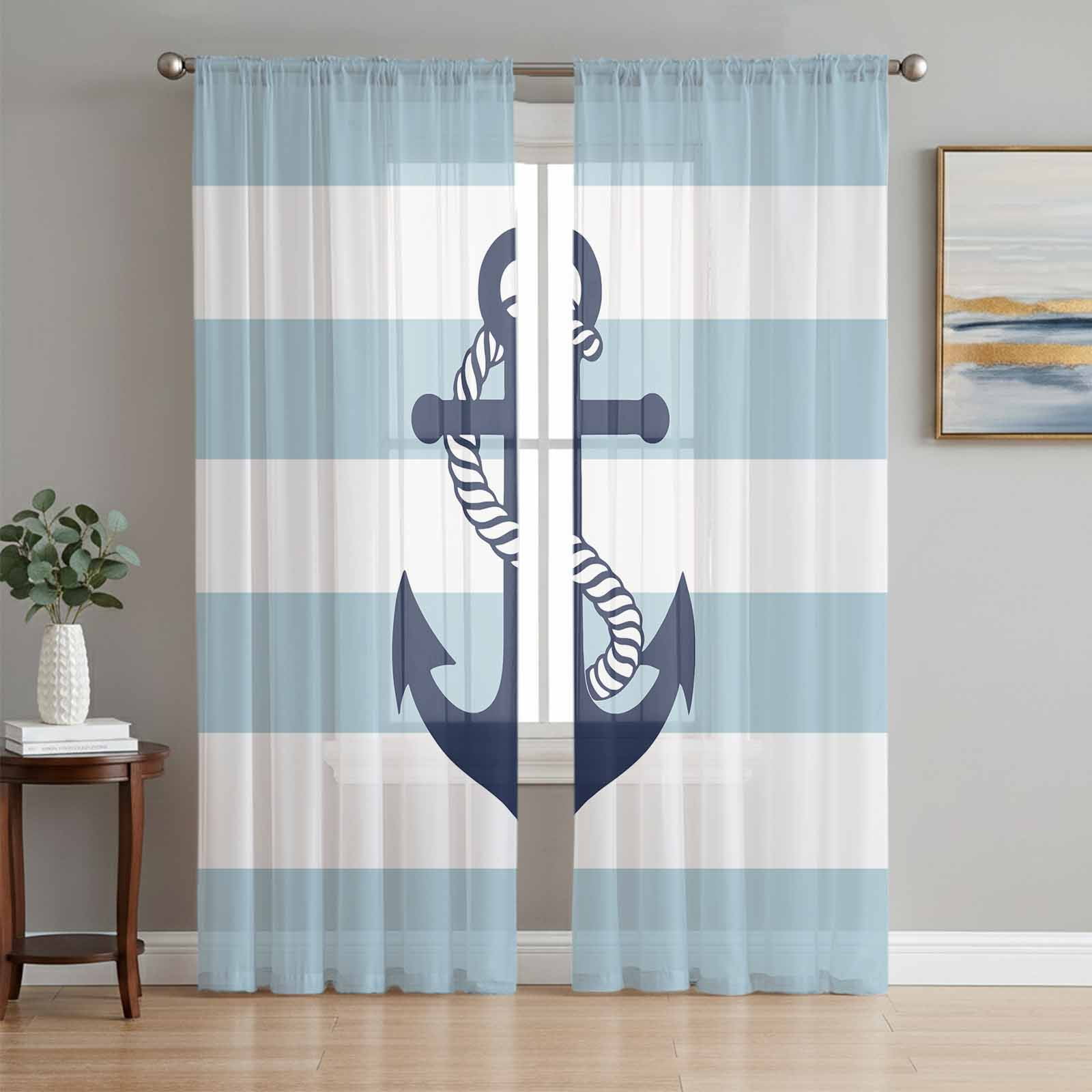 Aqua Stripe Nautical Semi Sheer Curtains 96 Inch Length 2 Panels Set Navy Blue Anchor Summer Coastal Sheer Kitchen Curtain Privacy Voile Window Curtain for Living Room Bedroom Rod Pocket Drapes