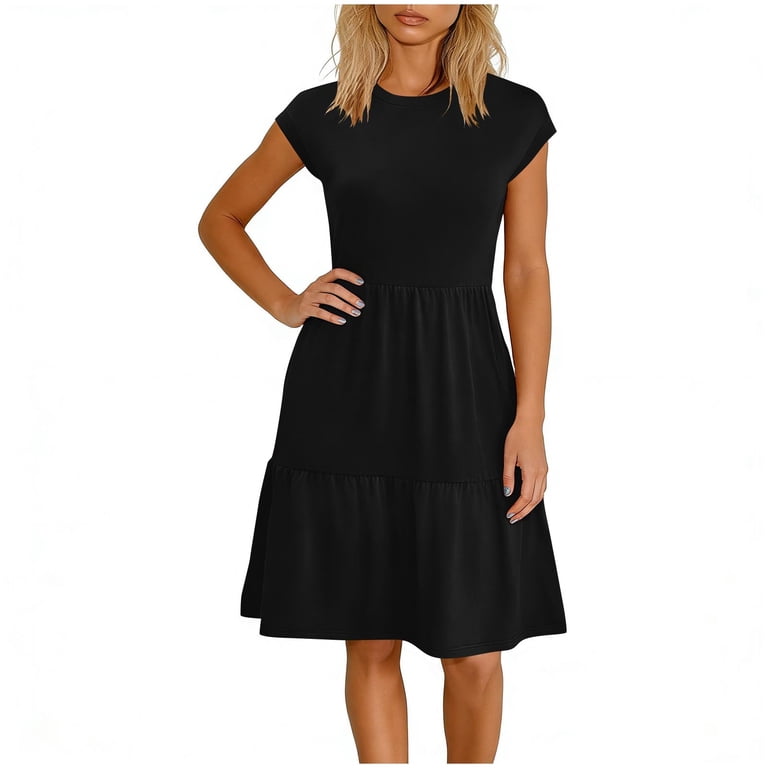 MaFYtyTPR Women's Summer Loose Dress Fashion Solid Color Short Sleeve Round  Neck Simple Style Maxi Dresses Black L - Walmart.com