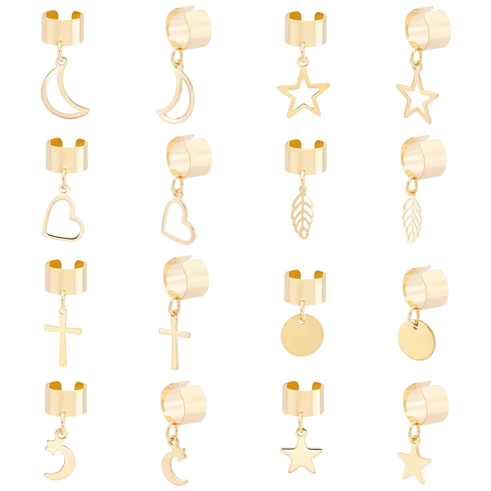8 Pairs 8 Style 304 Stainless Steel Cuff Earrings with Charms Moon & Star & Leaf & Golden 23~26mm 1pair/style