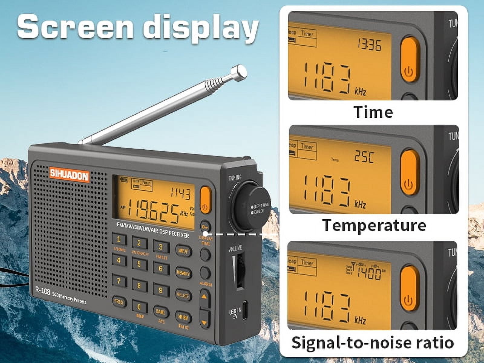 SIHUADON R-108 (Gray) FM Stereo/SW/MW/LW/Airband DSP Portable Digital Shortwave Radio, Easy to operate for Family and Outdoor