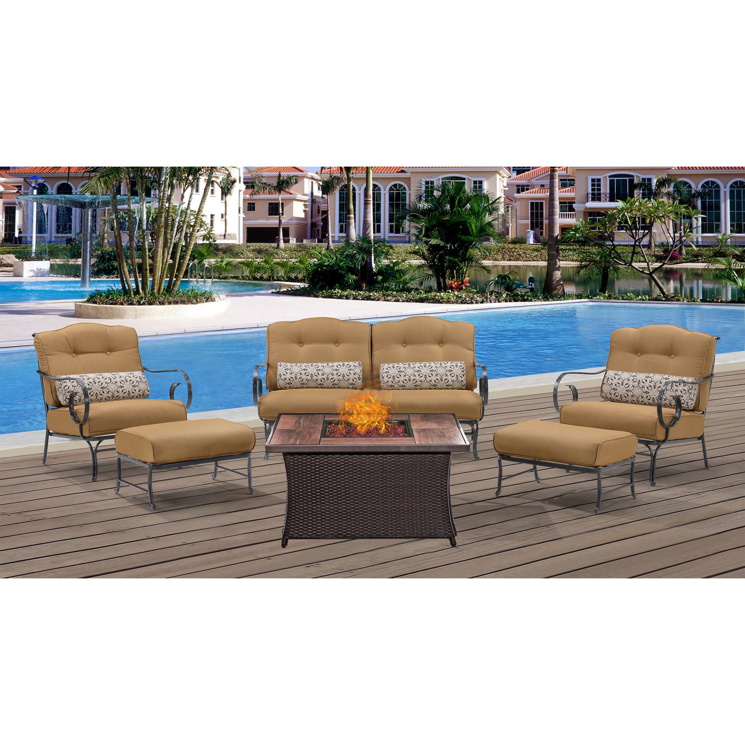 Hanover Oceana 6Piece Fire Pit Lounge Set with Glazed FauxWood Tile