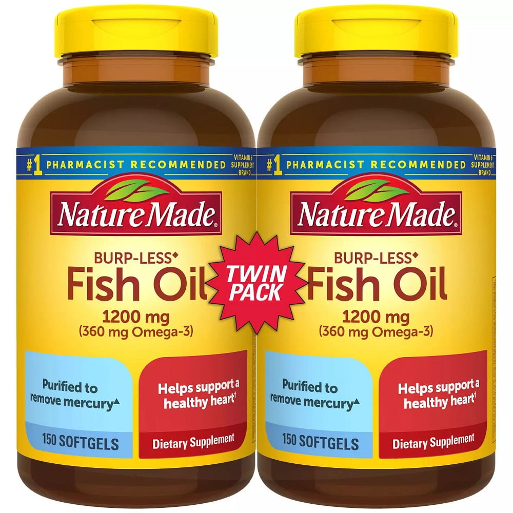 Nature Made Burp-Less Fish Oil 1 200mg Softgels for Heart Health† 150 count. 2 pack