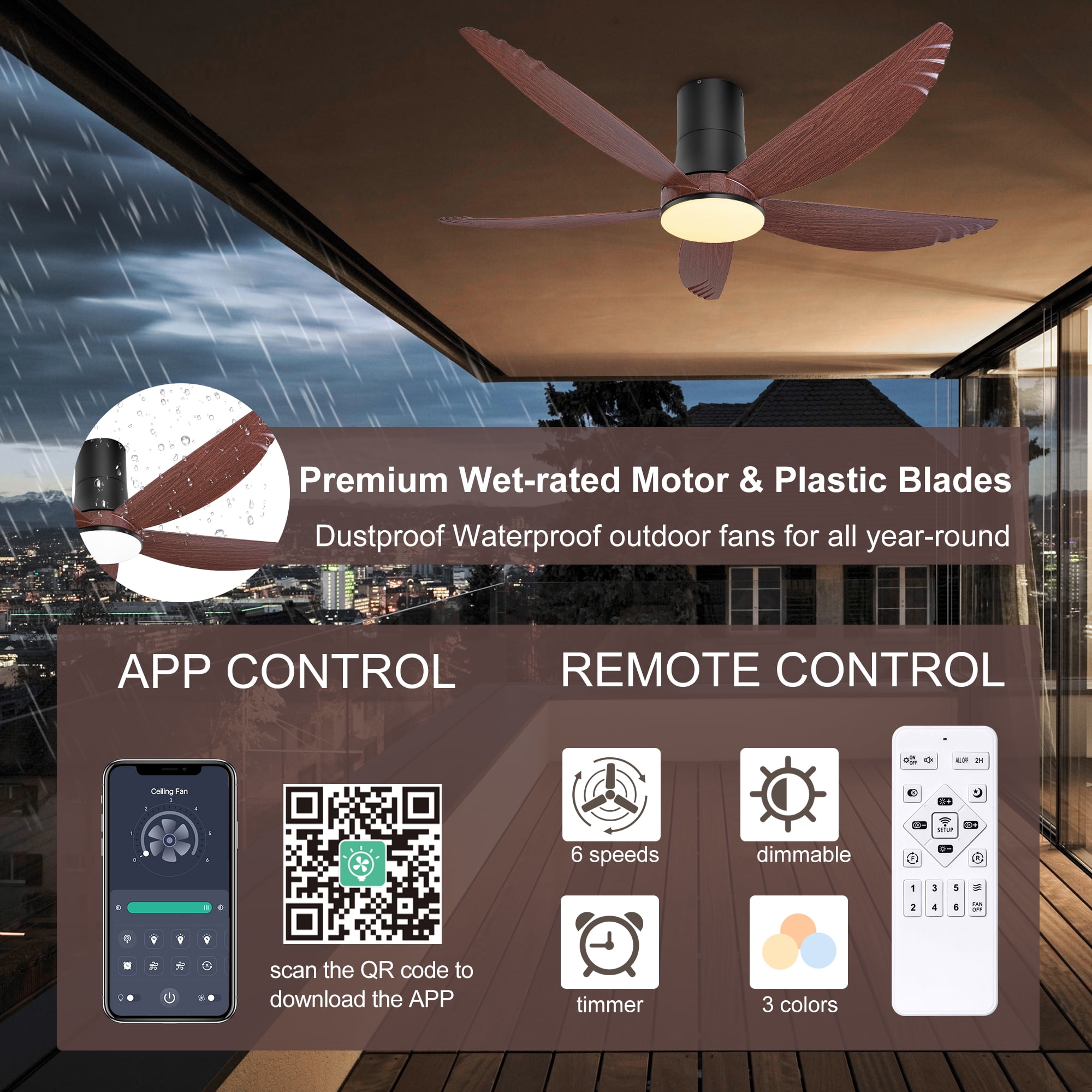 Ohniyou 58 Inch Flush Mount Ceiling Fan with Lights, Low Profile Remote Control,Dimmable, Quiet DC Motor for Bedroom Living Room,Walnut Black