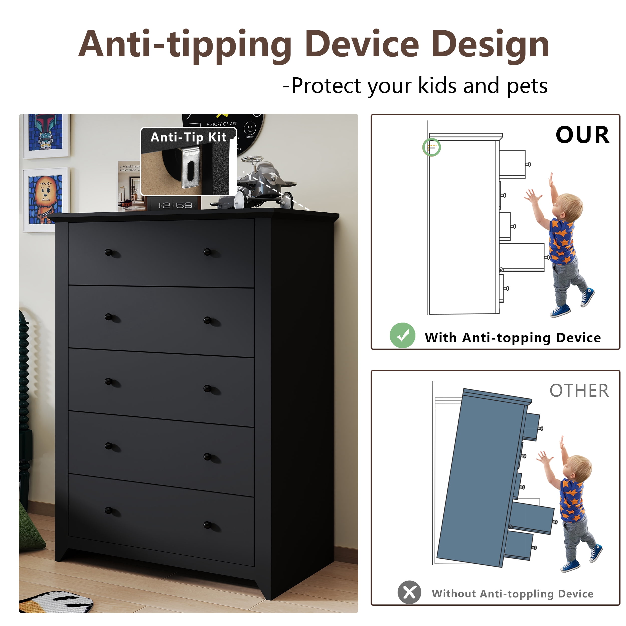 TrumanPick Black Dresser for Bedroom 5 Drawer Dresser 31.2"D x 17"W x 47"H Tall Chest of Drawers Wooden dressers for Closet Living Room