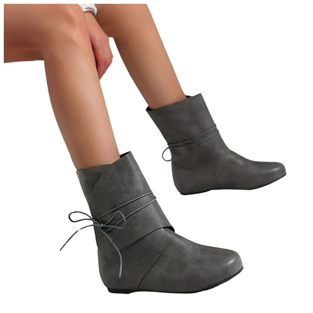 IUJSOY Bottines à Bout Rond pour Femmes à Lacets Mollet Grand Plates Bottillons Bottes Western de Moto