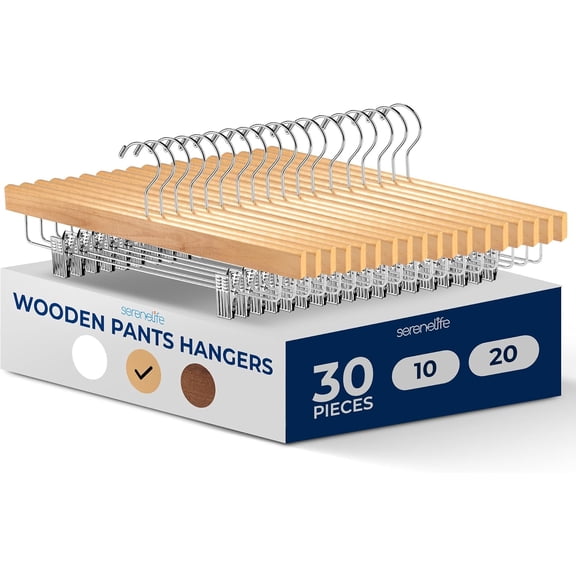 30 Pcs. Premium Wooden Pants Hangers - Heavy Duty Hanger Set with Chrome 360° Swivel Hook and Adjustable Steel Clips, Ideal for Jeans, Slacks, Skirts, and Shorts (Natural)