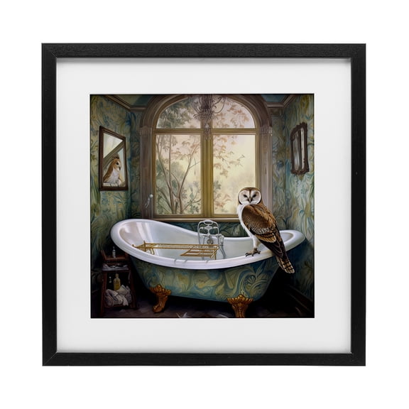 Paisley Patterned Owl Bathtime Black Framed Print Under Glass, design by Sasha