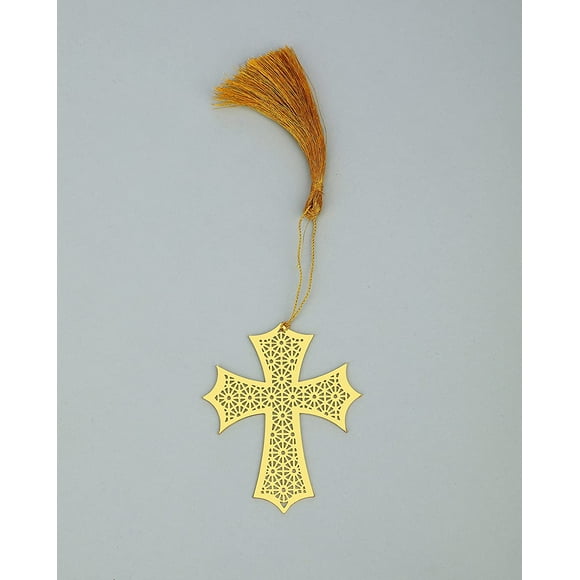 Signet en Métal de Croix Chrétienne Contemporaine d'Adoraa avec Pompon Doré - Cadeau Parfait pour les Amis